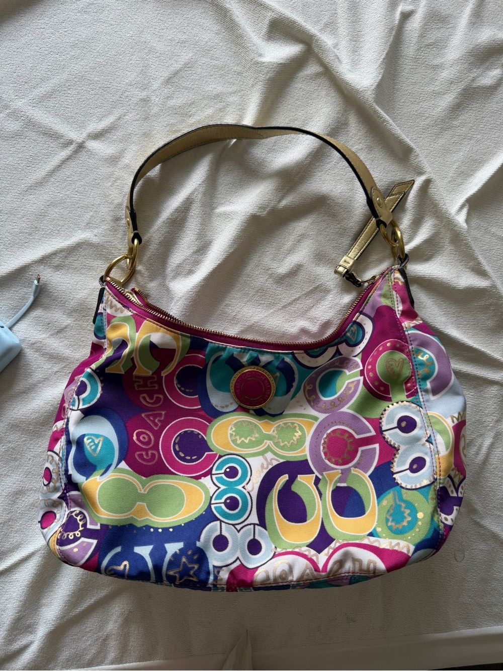 Coach Multicolor Logo Print Shoulder Bag in Pink, Purple, Blue, Green, Yellow